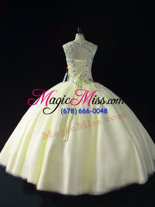 wholesale light yellow tulle lace up scoop sleeveless floor length 15 quinceanera dress beading