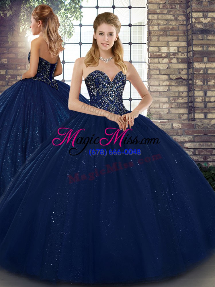 wholesale navy blue tulle lace up sweet 16 quinceanera dress sleeveless floor length beading