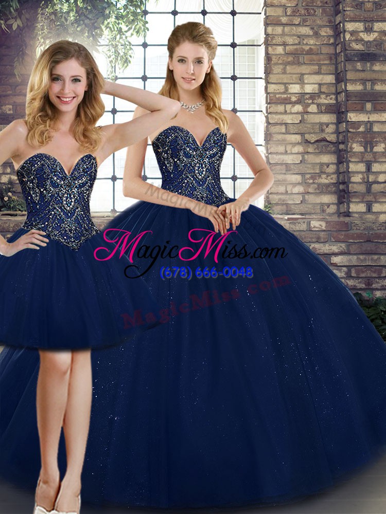 wholesale navy blue tulle lace up sweet 16 quinceanera dress sleeveless floor length beading