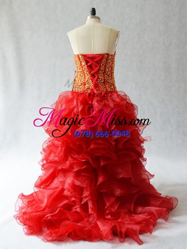 wholesale graceful wine red a-line organza sweetheart sleeveless beading and ruffles high low lace up pageant dress wholesale