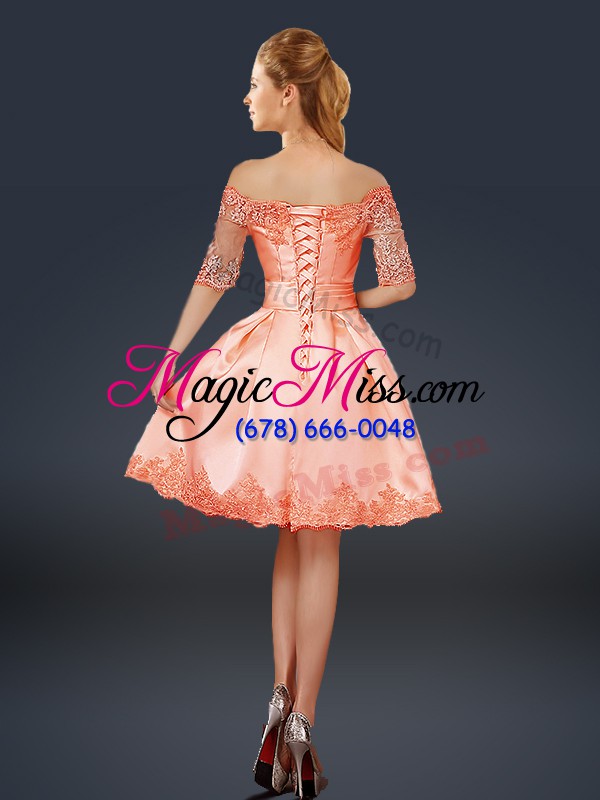 wholesale satin off the shoulder half sleeves lace up lace and appliques prom dresses in peach
