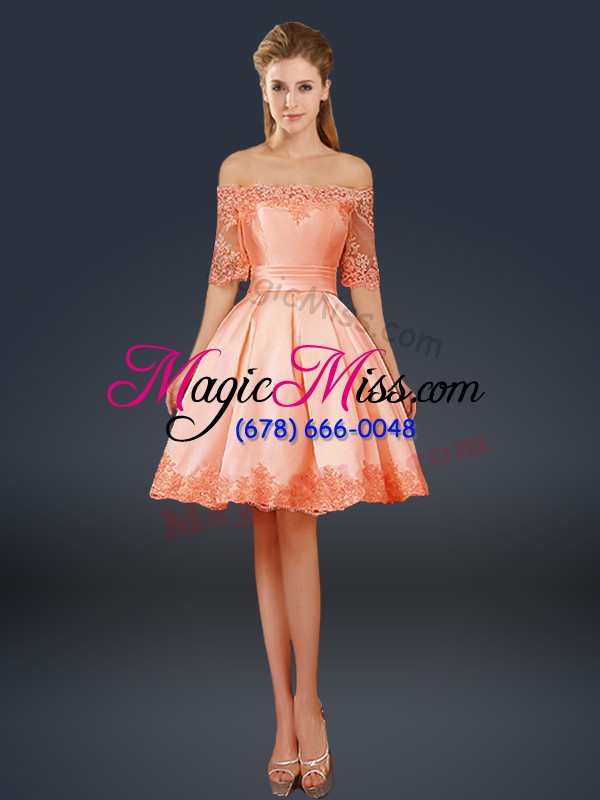 wholesale satin off the shoulder half sleeves lace up lace and appliques prom dresses in peach