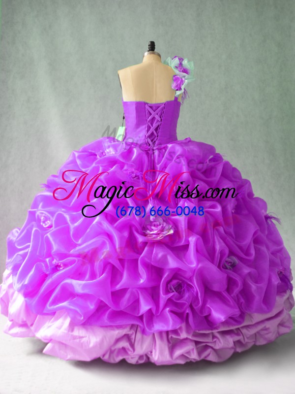 wholesale flare purple lace up quince ball gowns pick ups and hand made flower sleeveless floor length