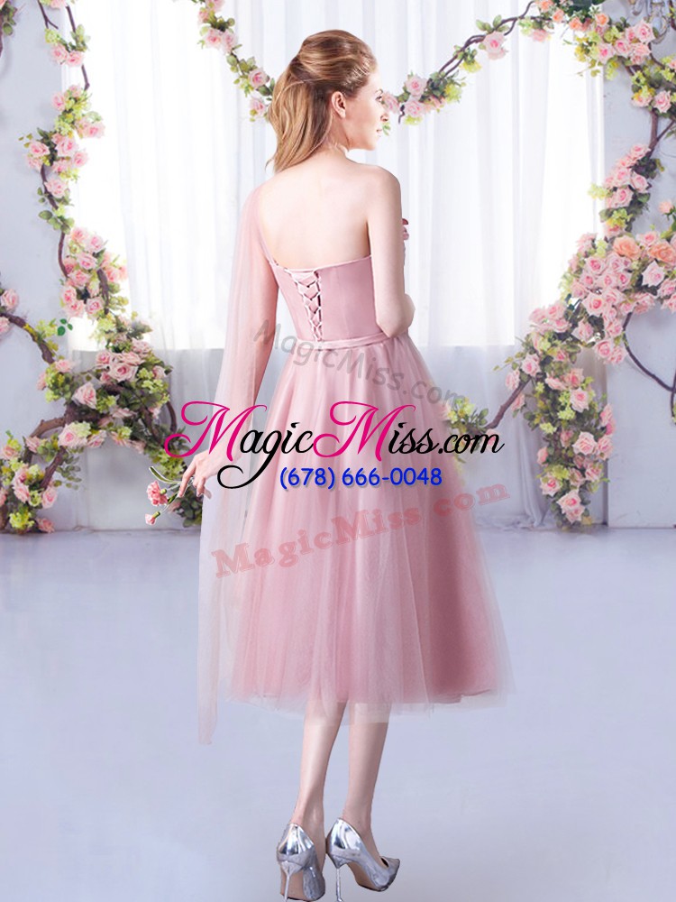 wholesale pink sleeveless tulle lace up bridesmaid dresses for wedding party