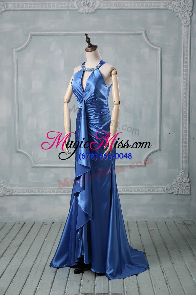 wholesale brush train mermaid prom dresses blue halter top elastic woven satin sleeveless criss cross