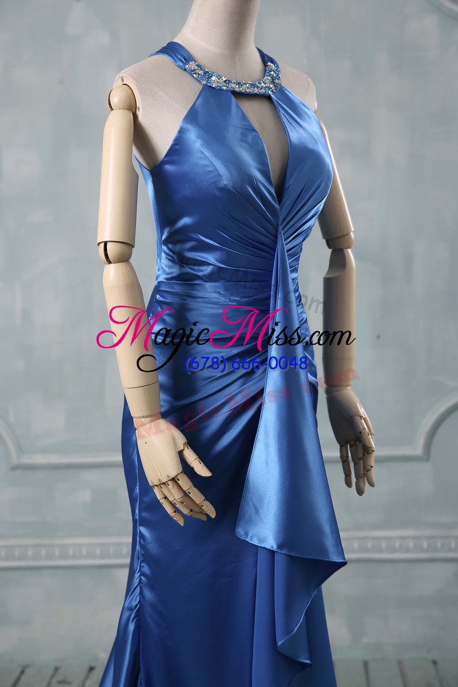 wholesale brush train mermaid prom dresses blue halter top elastic woven satin sleeveless criss cross