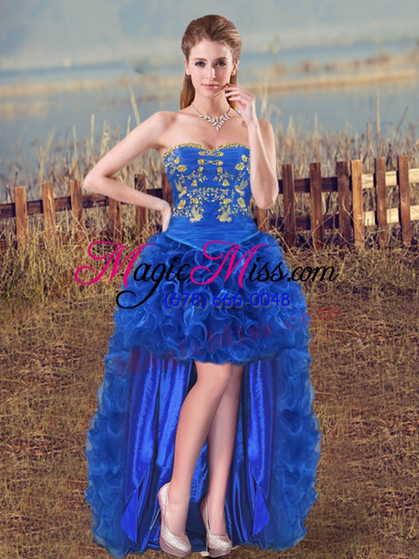 wholesale low price royal blue sweetheart neckline embroidery and ruffles quinceanera dress sleeveless lace up