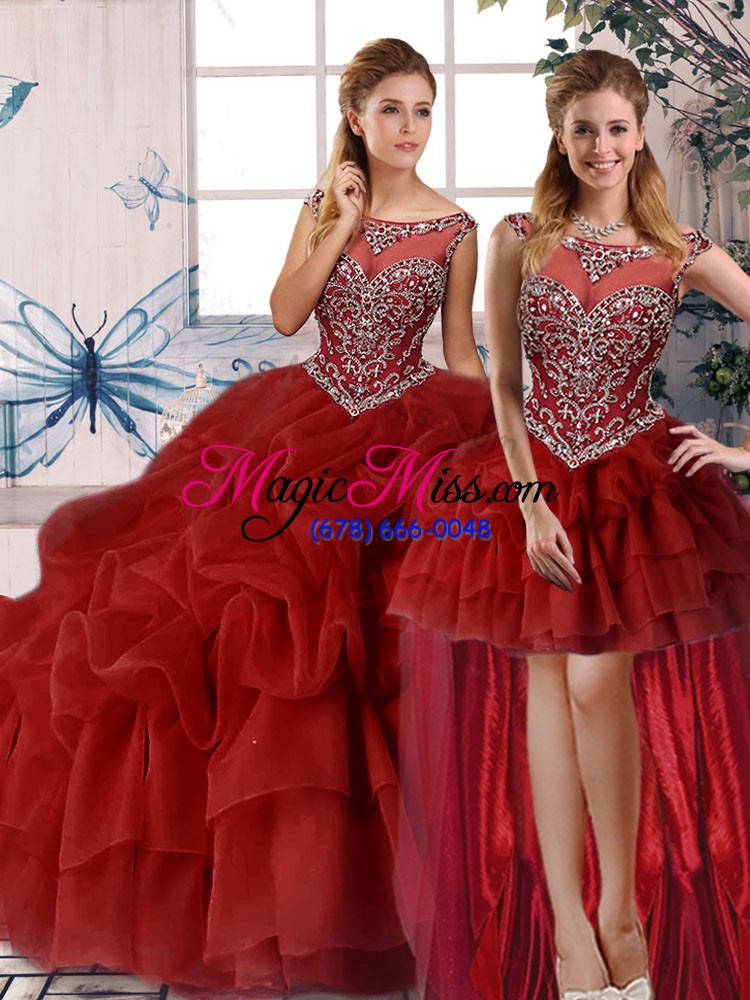 wholesale romantic wine red sleeveless brush train beading and pick ups quince ball gowns