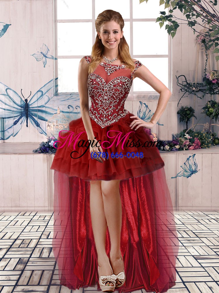 wholesale romantic wine red sleeveless brush train beading and pick ups quince ball gowns