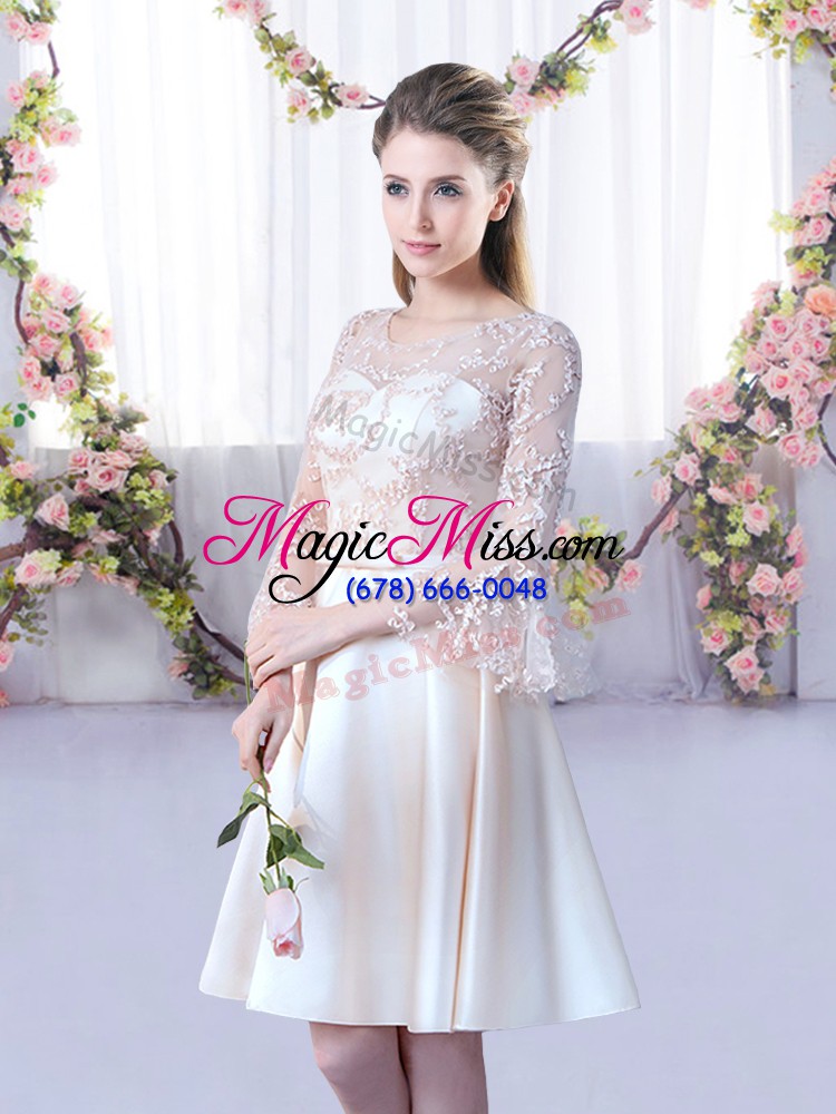 wholesale custom made champagne a-line lace and belt wedding party dress lace up satin 3 4 length sleeve mini length
