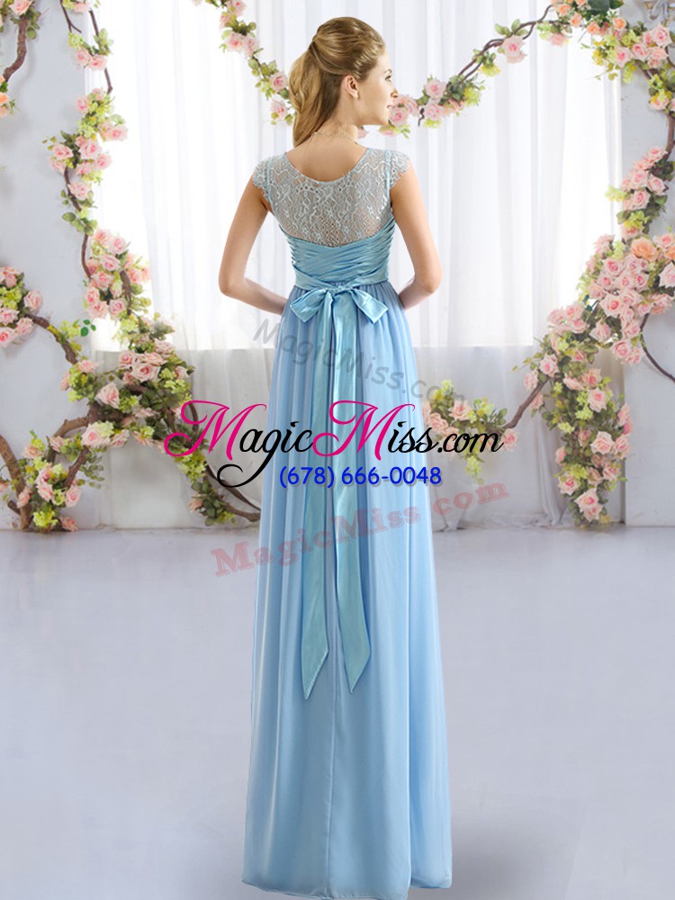 wholesale top selling light blue scoop side zipper lace and belt wedding guest dresses cap sleeves