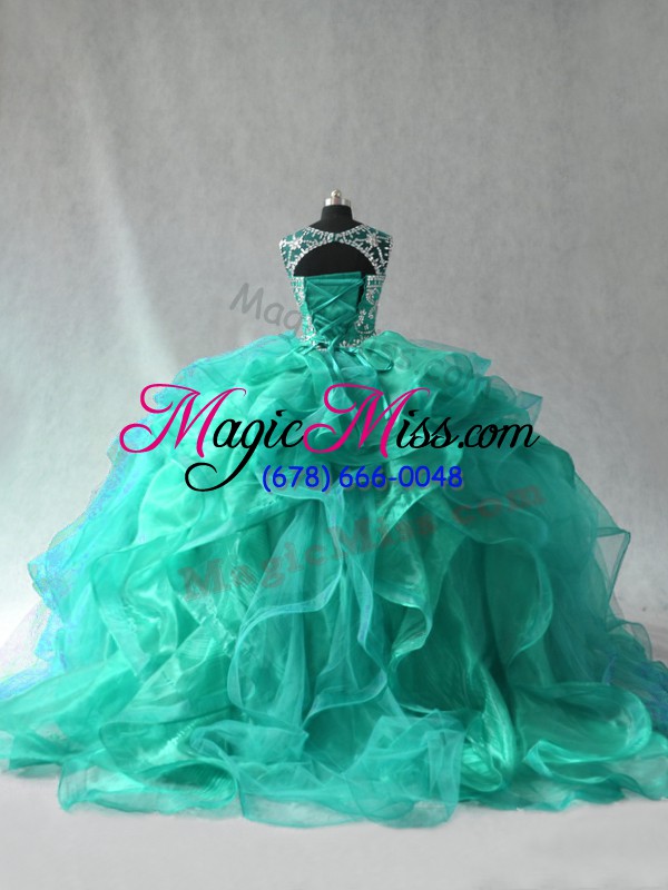 wholesale modest turquoise scoop neckline beading and ruffles sweet 16 quinceanera dress sleeveless lace up