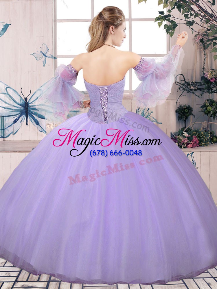 wholesale discount sleeveless tulle floor length lace up 15th birthday dress in lavender with beading