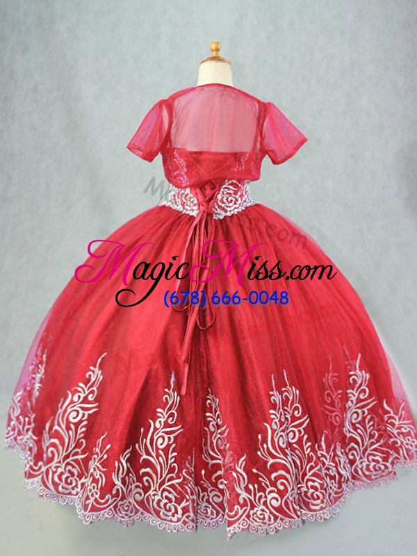 wholesale lovely red tulle lace up spaghetti straps sleeveless floor length girls pageant dresses beading and embroidery
