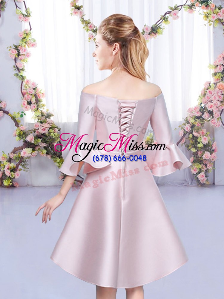 wholesale delicate baby pink off the shoulder lace up bowknot bridesmaid gown 3 4 length sleeve