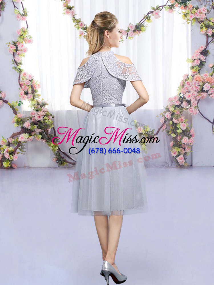 wholesale sleeveless tea length lace and belt zipper dama dress with grey