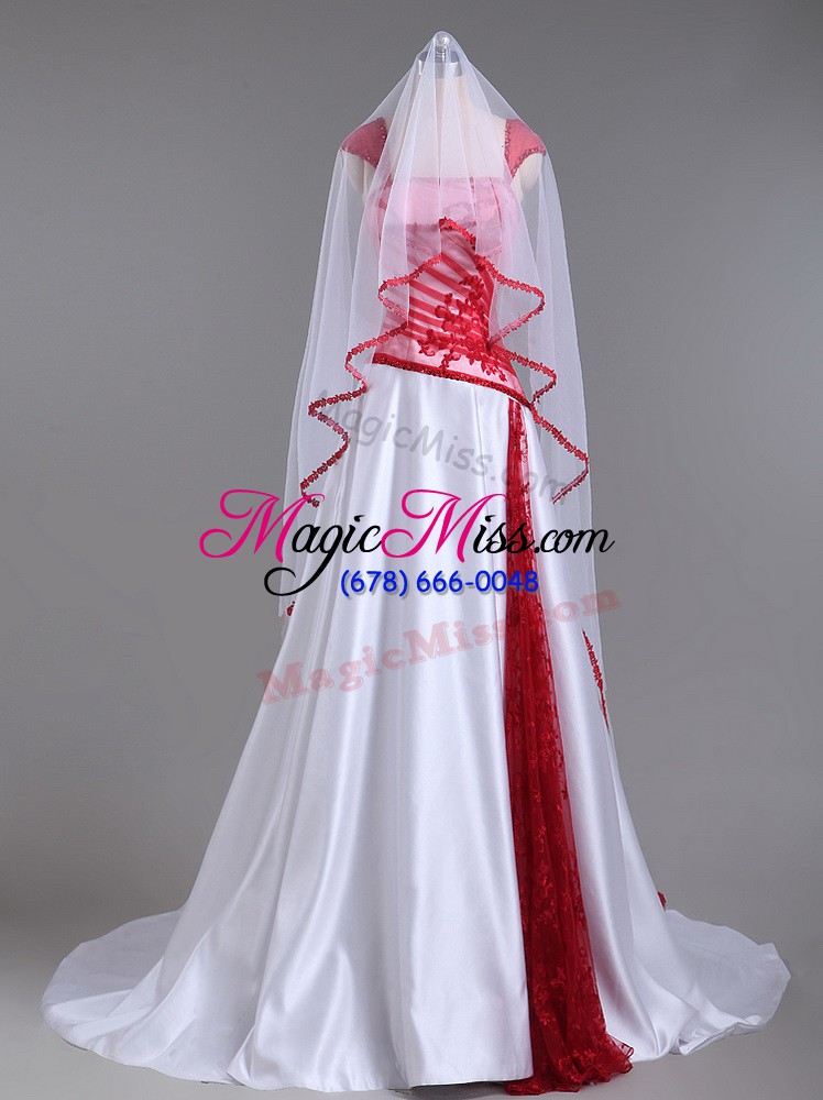wholesale white and red a-line satin strapless cap sleeves lace and appliques lace up prom party dress court train