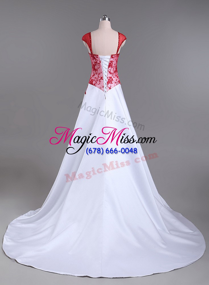 wholesale white and red a-line satin strapless cap sleeves lace and appliques lace up prom party dress court train