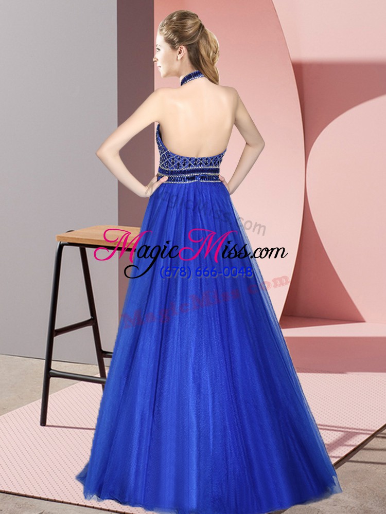 wholesale beading prom dress royal blue backless sleeveless floor length
