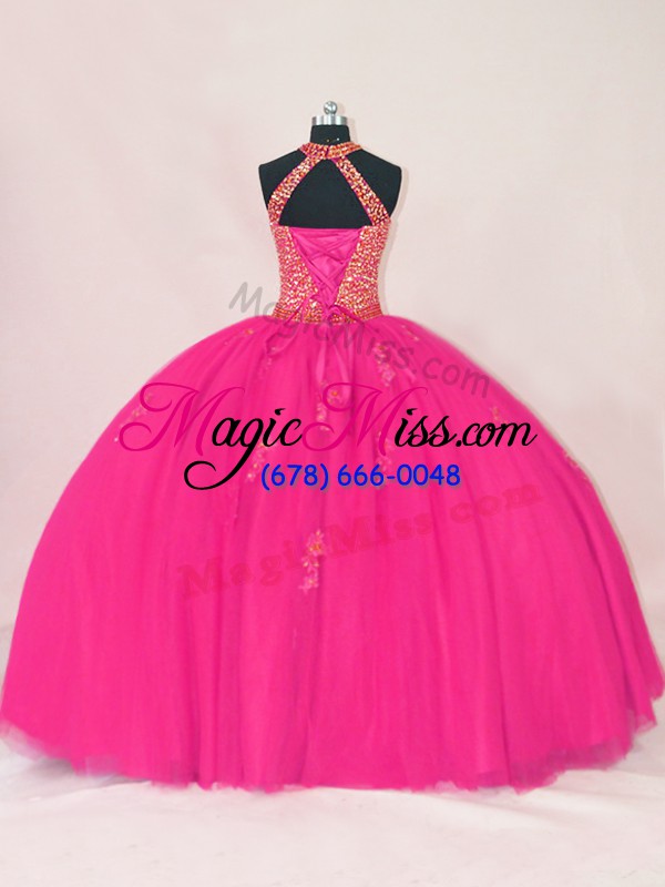 wholesale ball gowns quinceanera gown hot pink halter top tulle sleeveless floor length lace up
