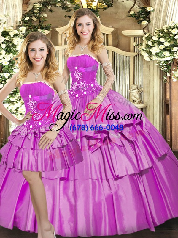 wholesale strapless sleeveless ball gown prom dress floor length beading and ruffled layers lilac taffeta