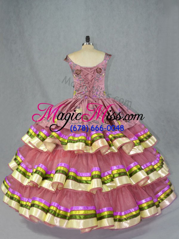 wholesale superior pink lace up straps embroidery and ruffled layers quinceanera gown organza sleeveless