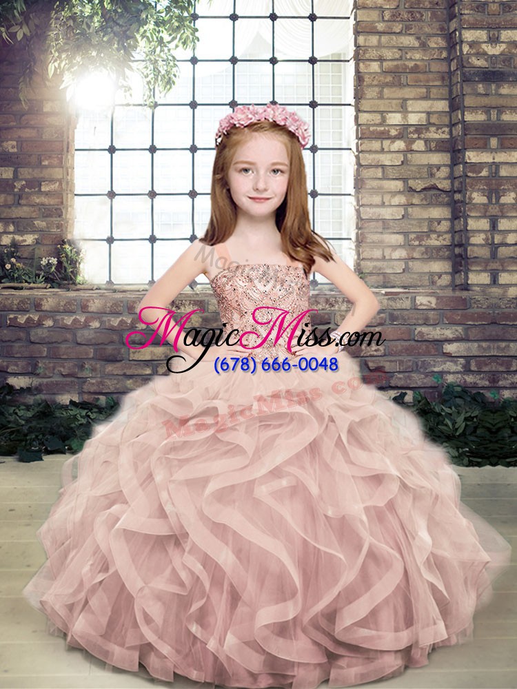 wholesale ball gowns little girls pageant dress pink straps tulle sleeveless floor length lace up