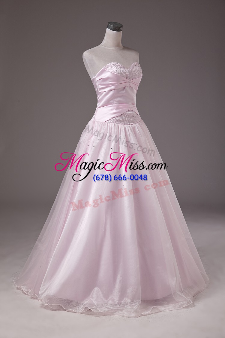 wholesale customized sleeveless floor length beading lace up quinceanera gown with baby pink