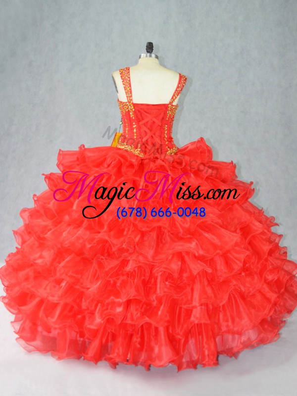 wholesale cheap red lace up straps beading and ruffles quinceanera gown organza sleeveless