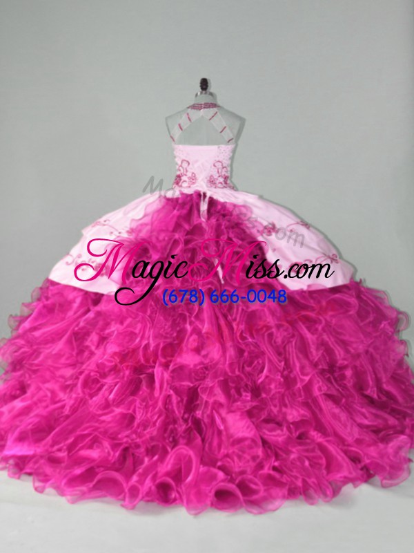 wholesale noble hot pink organza lace up halter top sleeveless sweet 16 quinceanera dress court train embroidery and ruffles