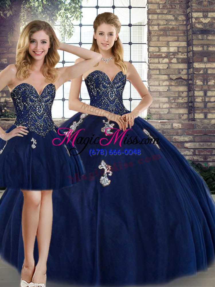 wholesale wonderful sleeveless tulle floor length lace up quince ball gowns in navy blue with beading and appliques