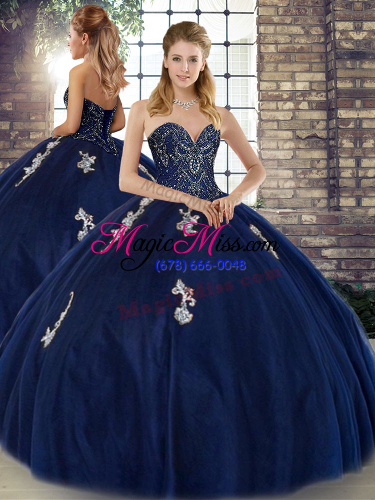 wholesale wonderful sleeveless tulle floor length lace up quince ball gowns in navy blue with beading and appliques