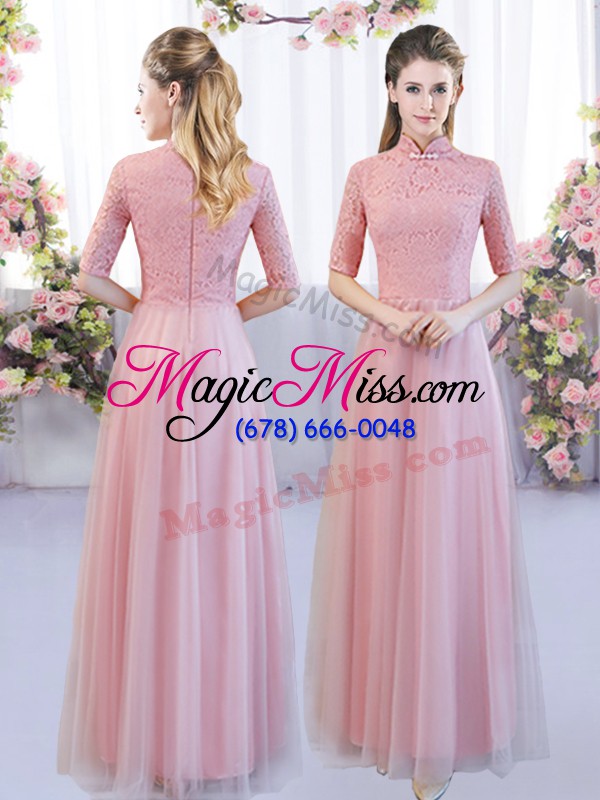 wholesale stunning pink empire high-neck cap sleeves tulle floor length zipper lace bridesmaid dresses