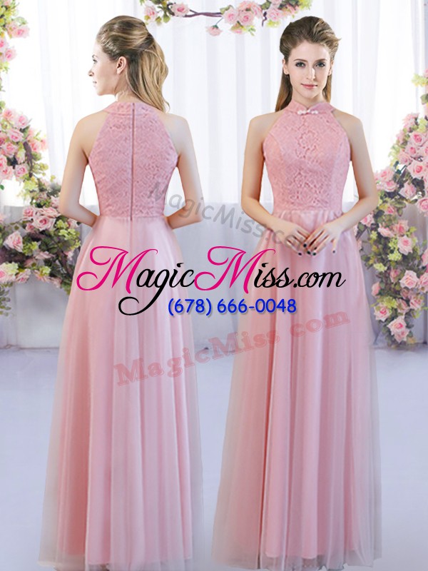 wholesale stunning pink empire high-neck cap sleeves tulle floor length zipper lace bridesmaid dresses