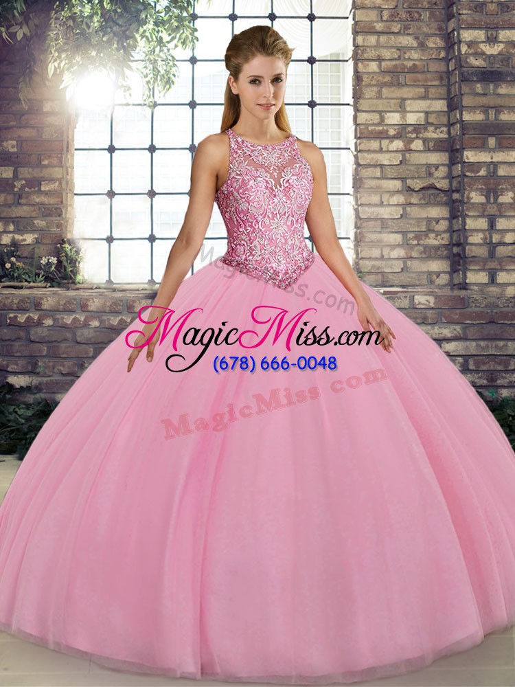 wholesale sophisticated pink ball gowns scoop sleeveless tulle floor length lace up embroidery sweet 16 dress