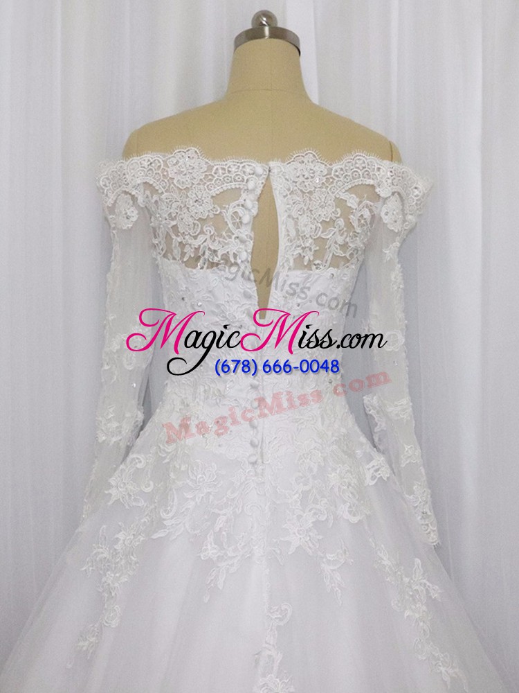 wholesale pretty white clasp handle off the shoulder beading and lace wedding gowns tulle long sleeves brush train