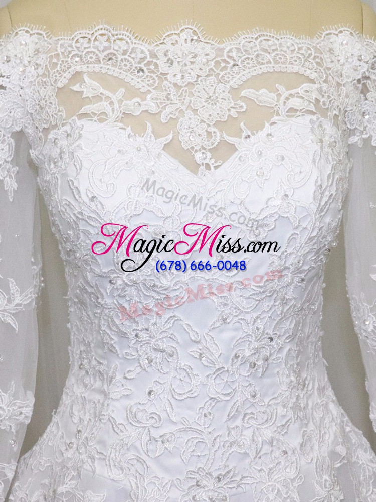 wholesale pretty white clasp handle off the shoulder beading and lace wedding gowns tulle long sleeves brush train