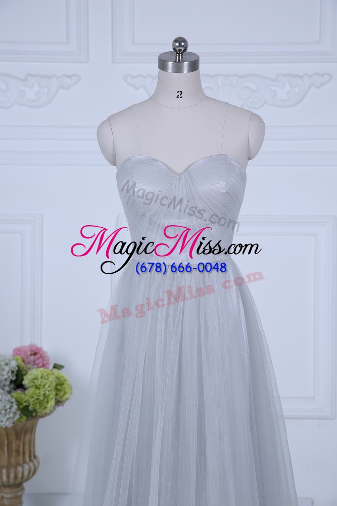wholesale sleeveless tulle floor length zipper wedding guest dresses in grey with ruching