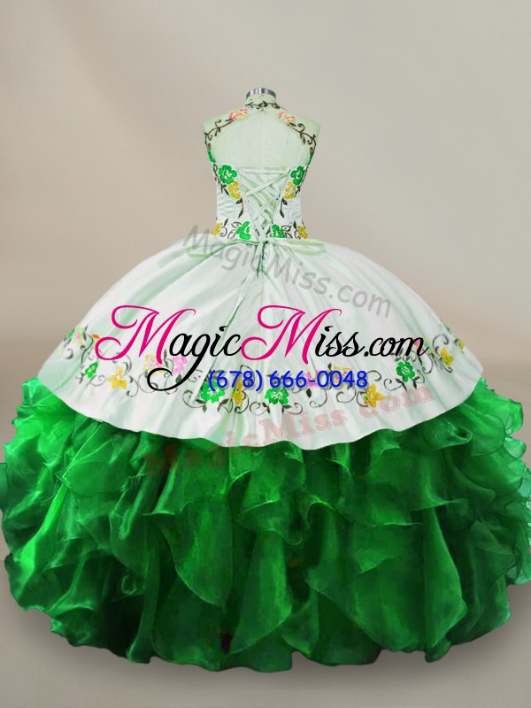 wholesale green halter top lace up embroidery and ruffles 15 quinceanera dress sleeveless