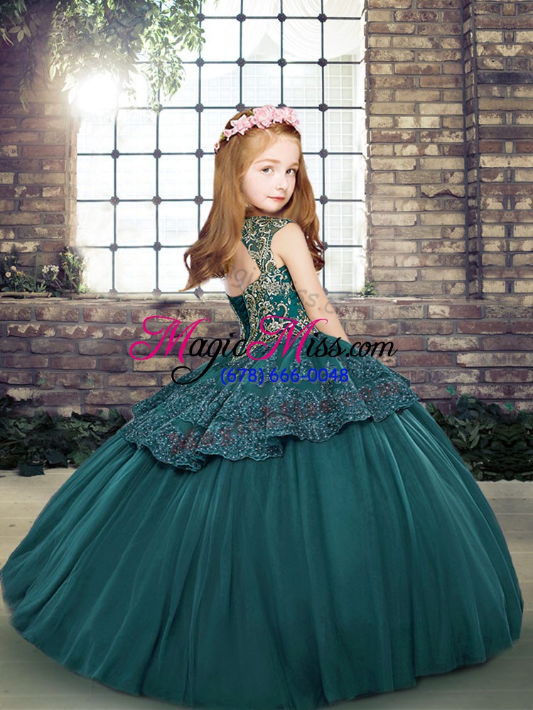 wholesale enchanting beading and appliques kids formal wear teal side zipper sleeveless floor length