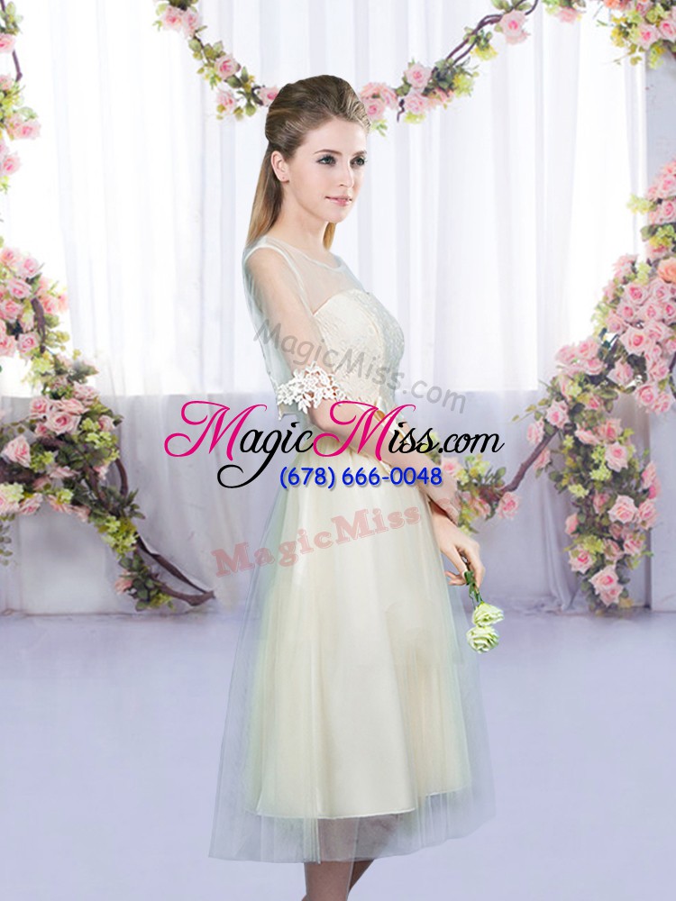 wholesale empire wedding party dress champagne scoop tulle half sleeves tea length lace up