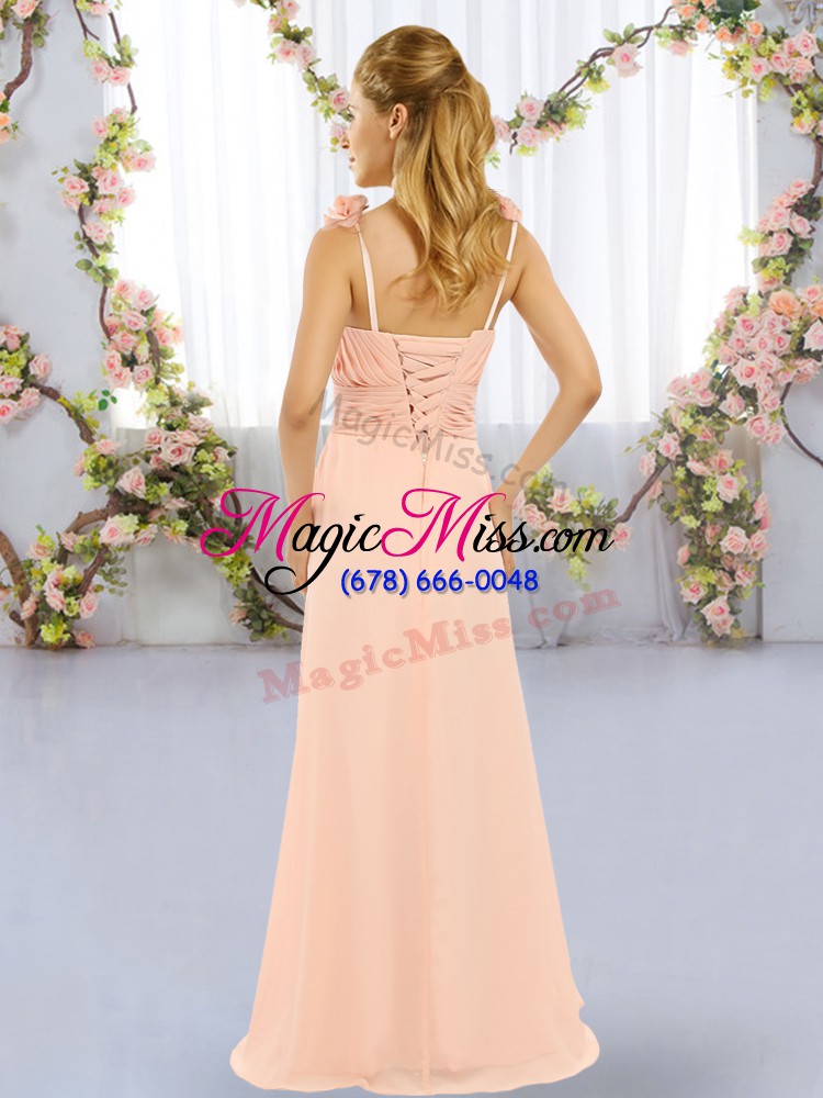 wholesale comfortable sleeveless floor length hand made flower lace up bridesmaids dress with