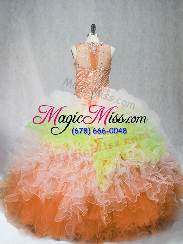 wholesale floor length multi-color quinceanera gown tulle sleeveless beading and ruffles