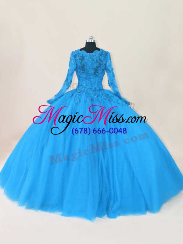wholesale blue tulle zipper scalloped long sleeves floor length quinceanera dress lace and appliques