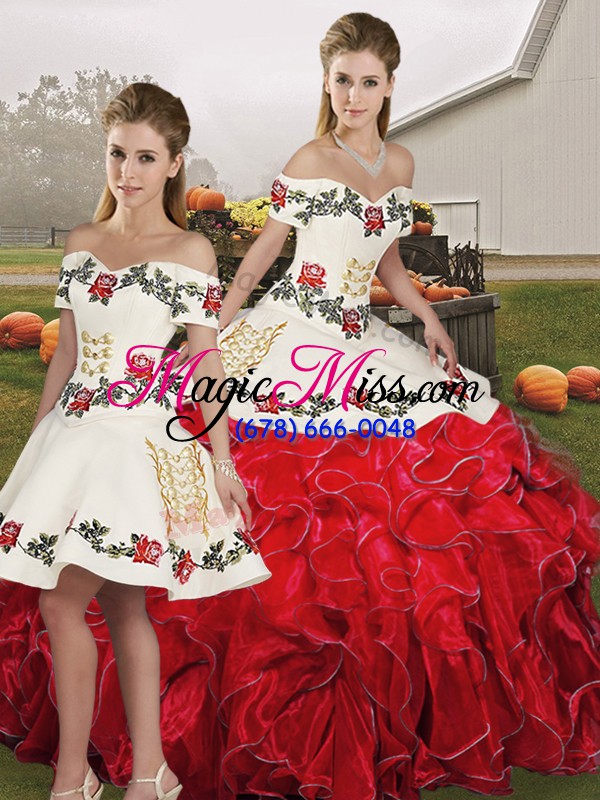 wholesale edgy white and red sleeveless embroidery and ruffles floor length quinceanera dresses