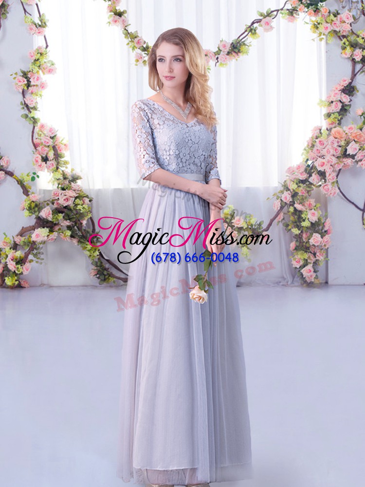 wholesale popular lace and belt dama dress for quinceanera grey side zipper half sleeves floor length