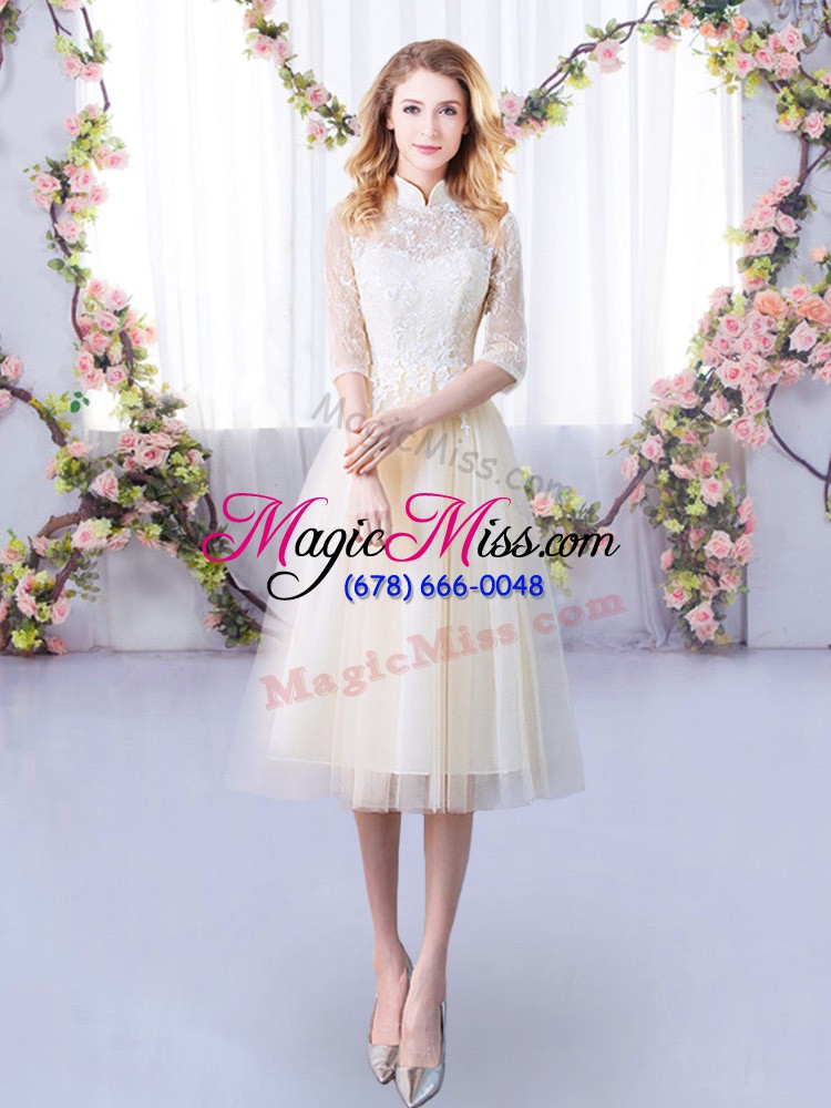 wholesale half sleeves tulle tea length lace up court dresses for sweet 16 in champagne with lace