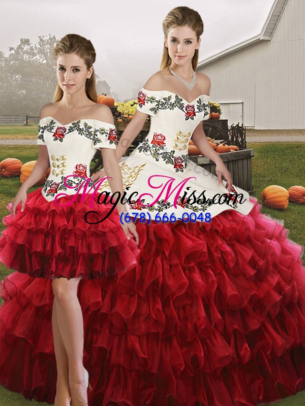 wholesale off the shoulder sleeveless quinceanera dresses floor length embroidery and ruffled layers wine red organza