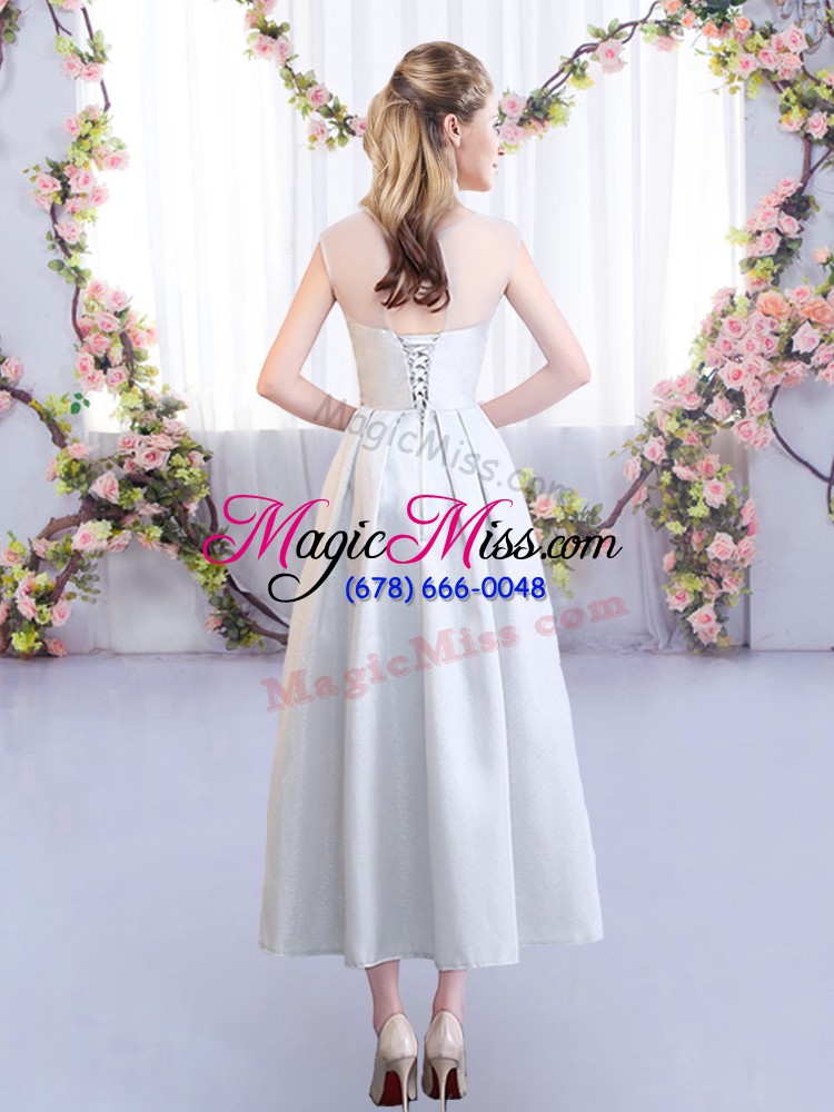 wholesale sleeveless satin tea length lace up bridesmaid gown in silver with appliques