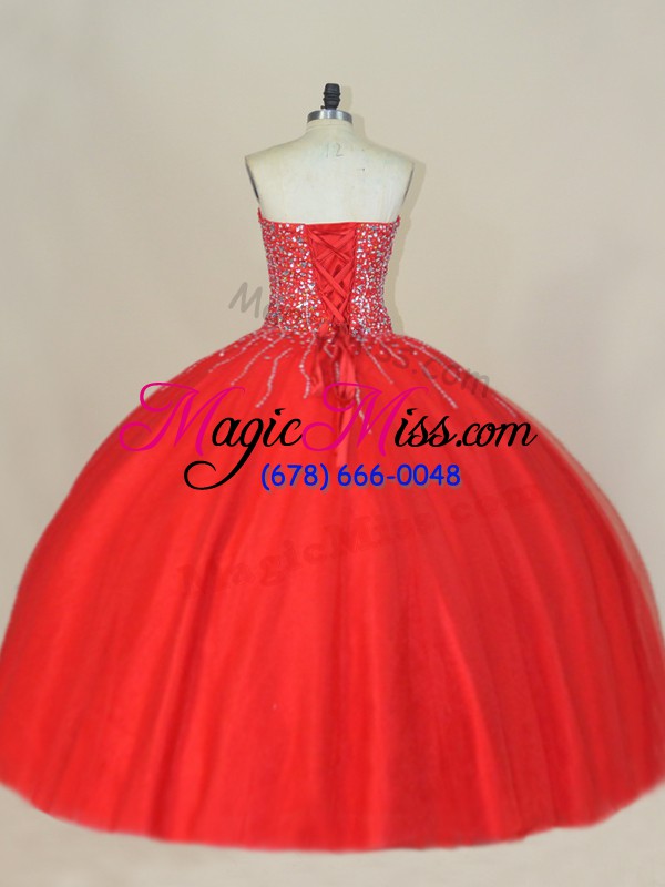 wholesale trendy red sleeveless floor length beading lace up quinceanera gowns